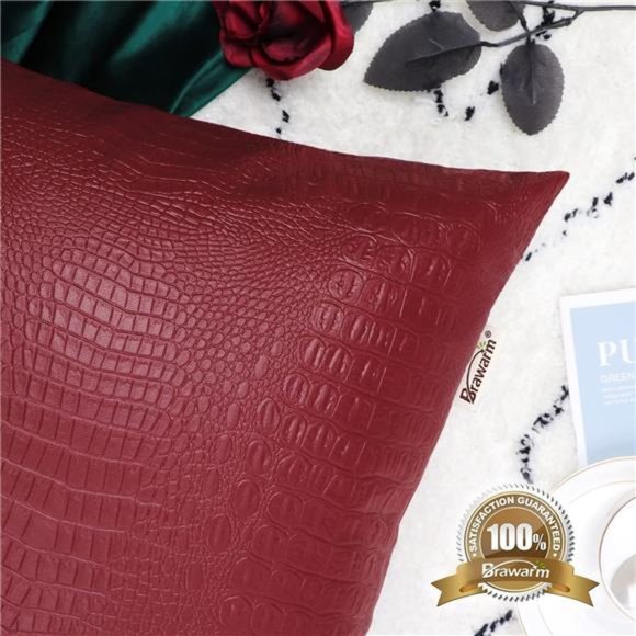 Faux Leather Pillow Covers 12X20 Inches, Deep Red Leather Pillow Covers Pack of2 - Picture 5 of 6